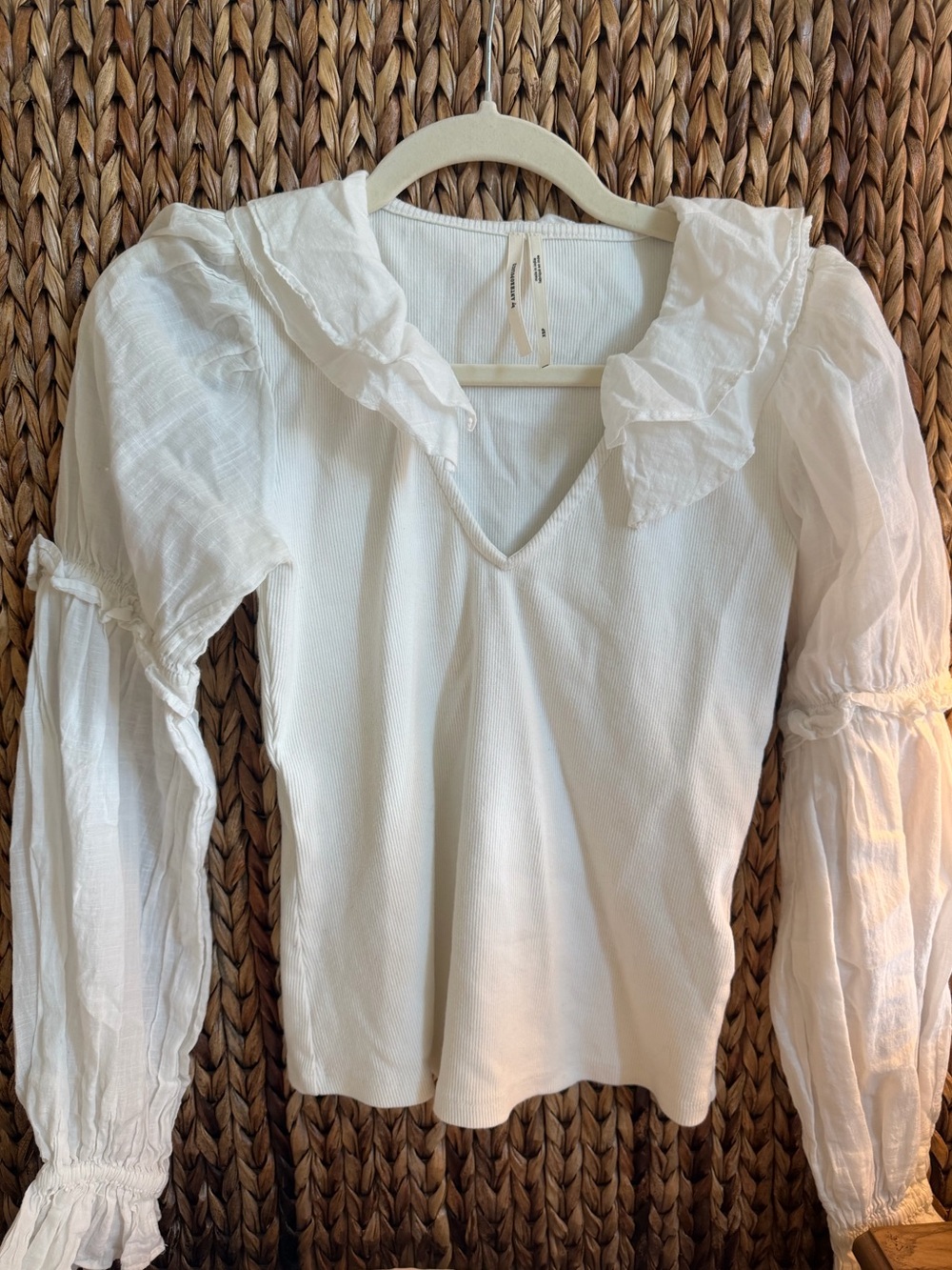 Anthropologie White Ruffled V-Neck Long Sleeve Top